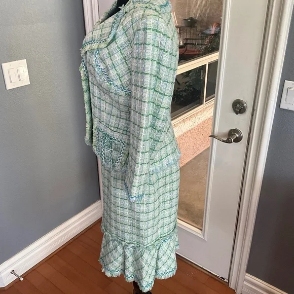 Kay Unger Y2K Preppy Tweed Plaid Skirt Suit Country Club Romantic Green White 10 - Picture 9 of 16